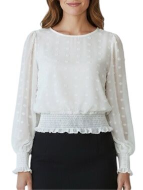 SOLUTION White Swiss Dot Smocked Waist/Wrist Blouse Size M -- FAIRYCORE/BABYDOLL